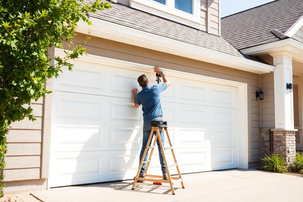 Example garage door website showing a technician installing a white garage door