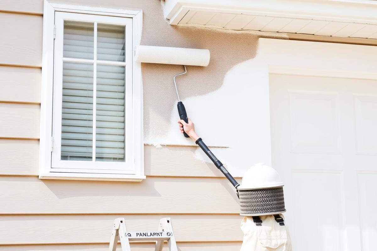 Example painting website showing a house painter rolling fresh paint onto a home exterior