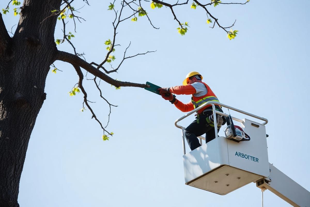 Example tree service website showing an arborist trimming a large tree branch